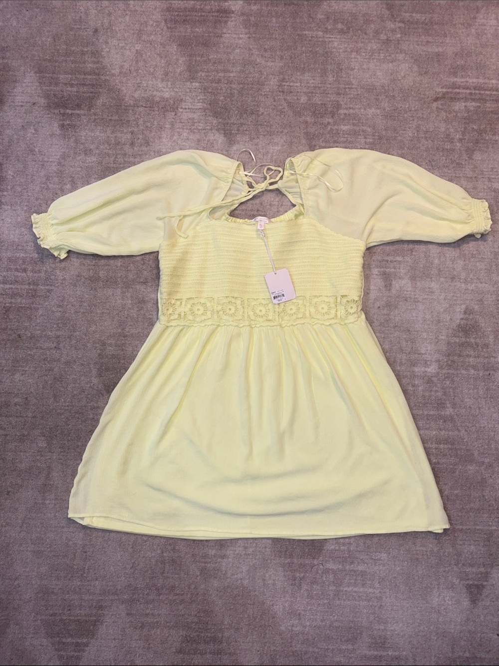 LC Lauren Conrad Light Yellow Smocked Mini Dress with Lace Waistband